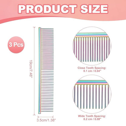Dog Cat Comb, Pet Combs Stainless Steel Teeth with Rounded Ends for Knots Mats Loose Hair Removal, 7.5IN (Colorful Plated, 3 Pack), Grooming Tool Intended for Long Curly Hair Pet