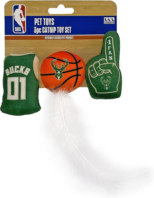Best Plush CAT Toy NBA Milwaukee Bucks Complete Set of 3 Piece Cat Toys Filled with Fresh Catnip. Includes: 1 Jersey Cat Toy, 1 Basketball Cat Toy with Feathers & 1#1 Fan Cat Toy. Beautiful Team Logo