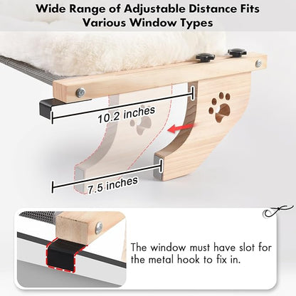 AMOSIJOY Cat Sill Window Perch Sturdy Hammock Window Seat with Cushion Bed Cover, Wood & Metal Frame for Large Cats, Easy to Adjust Cat Bed for Windowsill, Bedside, Drawer and Cabinet (M)