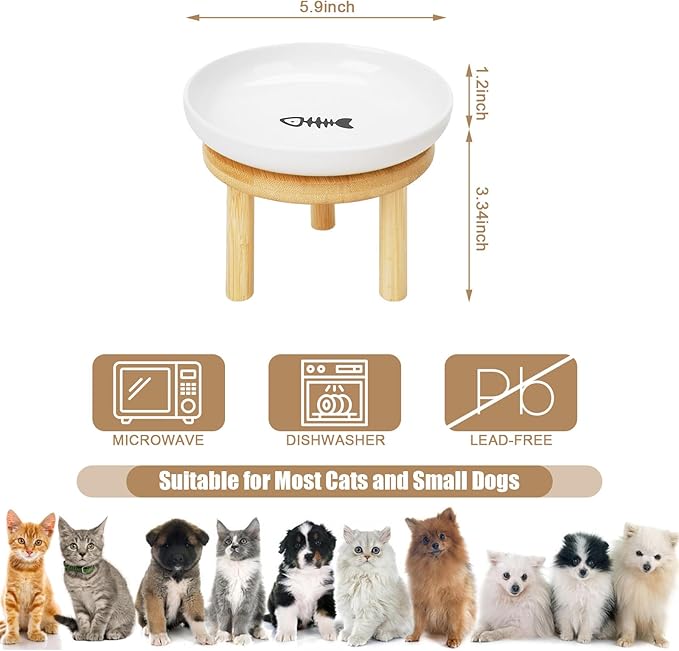 Shallow Elevated Cat Bowls with Bamboo Stand, 5.9 Inch Wide Ceramic Cat Dish Whisker Friendly,Pet Food and Water Plates