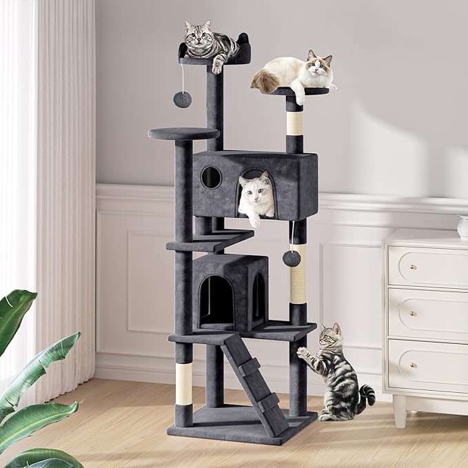 MoNiBloom 77 Inch Cat Tree Tower for Indoor Cats Large Adults, Tall Cat Tower with Scratching Post, Multi-Level Furniture Activity Center with Cat Condo Pet Play House, Smoky Grey