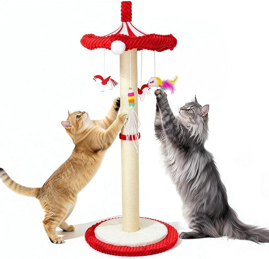 Merry-Go-Round Cat Scratching Post, 39" Very Tall Cat Scratcher with Rotating Top, Sturdy Scratch Post with 4 Dangling Toys for Indoor Cats from Kittens to Large Cats
