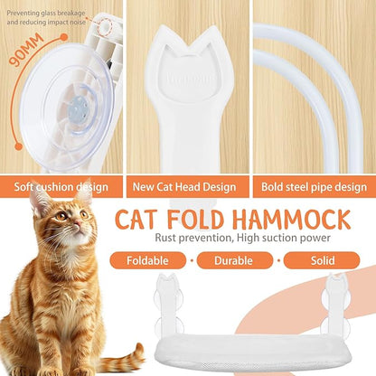 2 Pack Large Size Cat Window Perch,Cat Window Hammock Cordless Foldable Window Bed with 4 Large Strong Suction Cup,Reversible Cushion Cover,Metal Frame Easy to Adjust Window Seat (White，L)