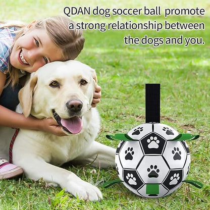 QDAN Dog Soccer Balls Toy with Bell Inside, Outdoor Interactive Toys for Tug of War, Puppy Birthday Gifts, Water Toy, Durable Ropes Squeaky Ball for Small Medium Dogs （6 INCH）