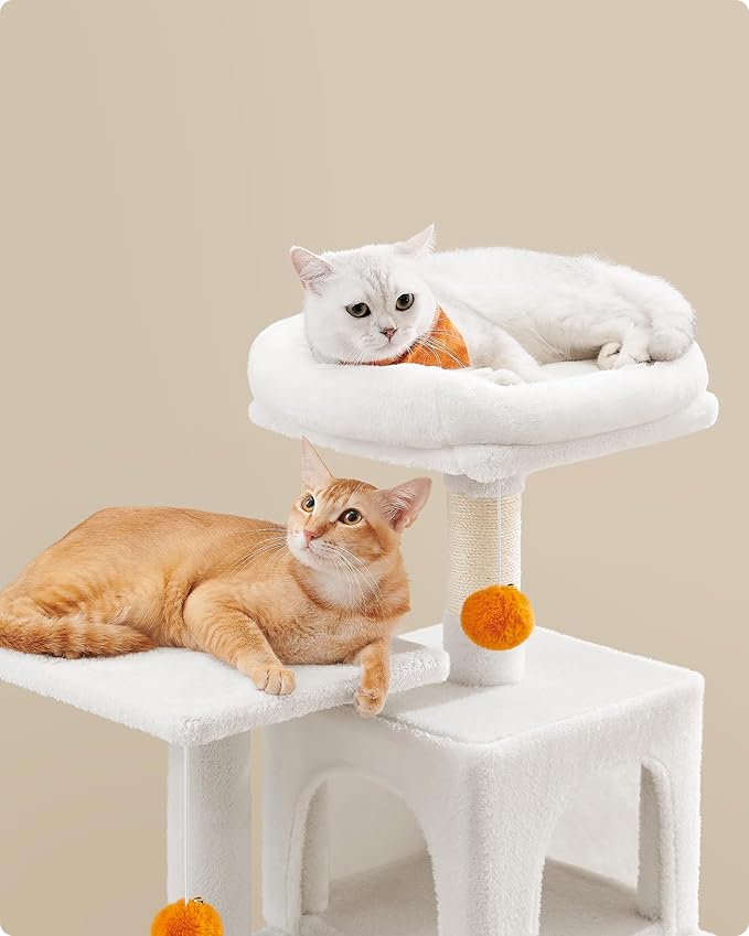 Feandrea Cat Tree, 44.1-Inch Cat Tower for Indoor Cats, Multi-Level Cat Condo with 4 Scratching Posts, 2 Perches, Hammock, Cave, Cream White UPCT261T01