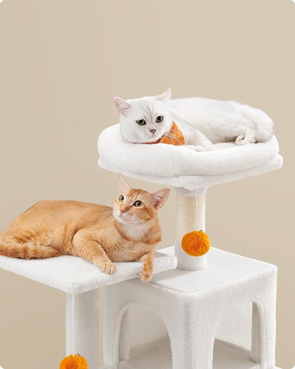 Feandrea Cat Tree, 44.1-Inch Cat Tower for Indoor Cats, Multi-Level Cat Condo with 4 Scratching Posts, 2 Perches, Hammock, Cave, Cream White UPCT261T01