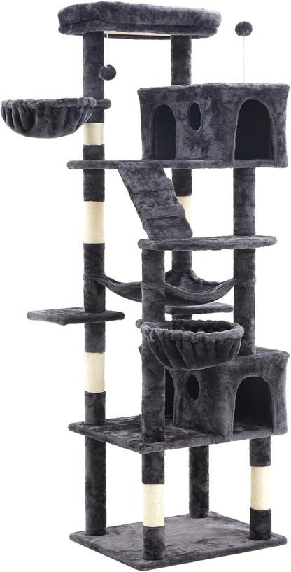 Large Cat Tree with Scratching Posts, Bed, Hammocks & Condos – Multi-Level Cat Tower for Playful Cats, 73" Modern Jungle Gym for Multiple Cats, Grey