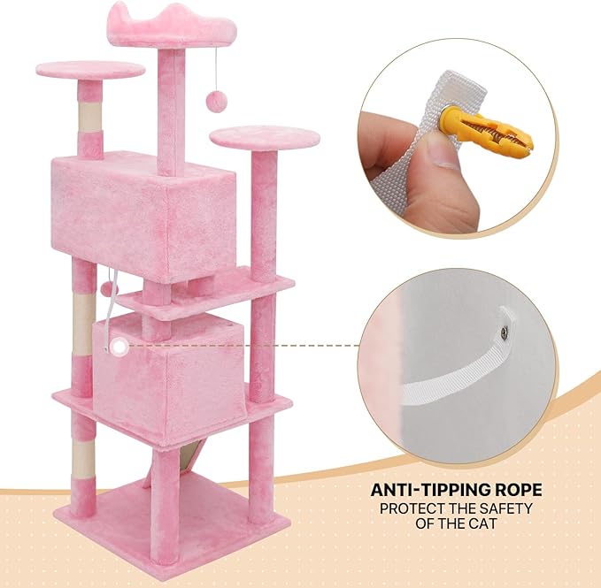 MoNiBloom 60 Inch Cat Tree Tower for Indoor Cats Large Adults, Pink Cat Tower with Scratching Post, Multi-Level Furniture Activity Center with Cat Condo Pet Play House, Soft Pink