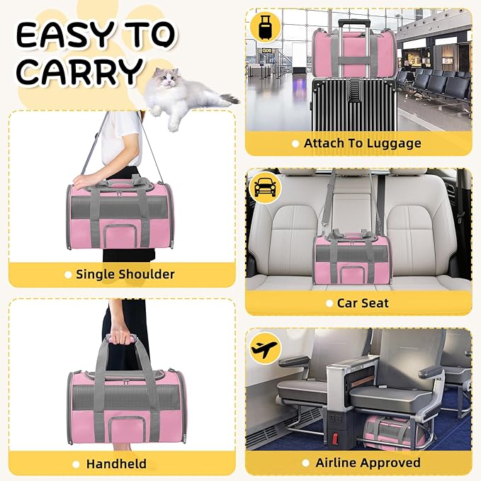 Soft Side Cat Carrier Airline Approved for Puppy Kitten Dog Carriers for Small Medium Cats Under 15lb, Collapsible TSA Approved Travel Pet Carrier, Pink with Grey