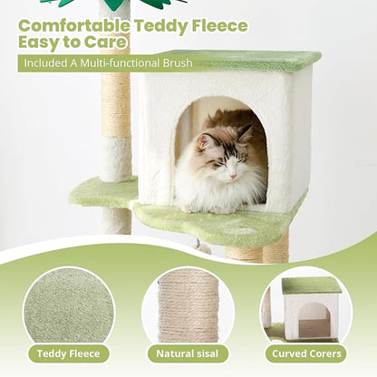 HYABi 64.5-Inch Cute Avocado Flower Large Tall Garden Cat Tree Tower Condo House Furniture Bed Plush Ball Activity Platform Multi-Level with Scratching Posts for Indoor Cats Play