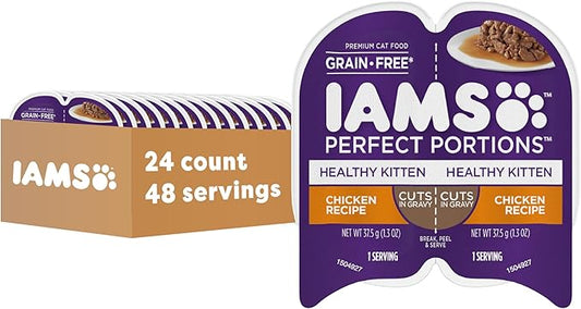IAMS Perfect Portions Healthy Kitten Grain Free Wet Cat Food Cuts in Gravy, Chicken Recipe, 2.6 oz. Easy Peel Twin-Pack Trays (24 Count, 48 Servings)