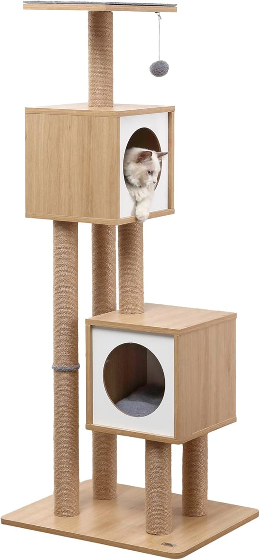CTR1011A Sawyer 56" 3-Tier Minimalist Jute Cat Tree Condo with Scratching Posts, and Fuzzy Toy, Brown/White