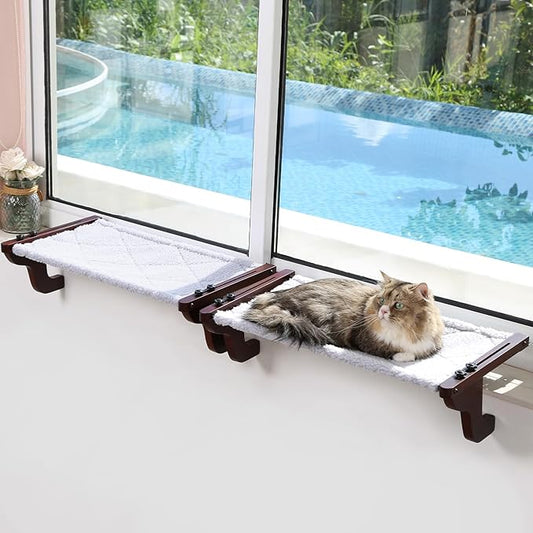 Zakkart 2PC Easy Seat Cat Perch for Window Sill - Hammock Design w/Pine Wood & Robust Metal Frame - Cat Window Seat for Large Cats and Kittens (Dark Stained Wood w/Gray Bed, Large (26''W x 14''D)