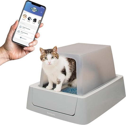 PetSafe ScoopFree Crystal Smart Self-Cleaning Automatic Litter Box - Front Entry - Uncovered Motion-Sensing Cat Box with Integrated Health Counter & App - Includes 1 Disposable Crystal Litter Tray