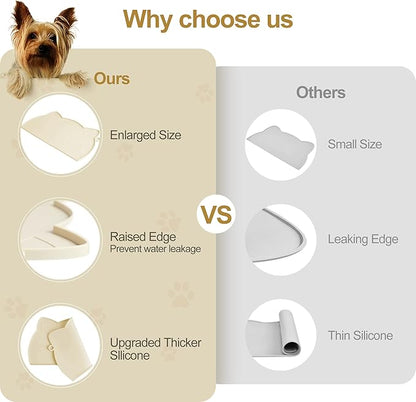 Coomazy Cat & Dog Feeding Mat, Thicker Non-Slip Silicone Mat with Raised Edge, Waterproof for Food & Water (Beige, Medium)