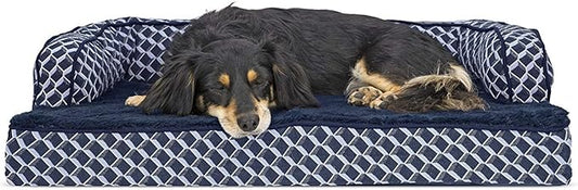 Furhaven Orthopedic Dog Bed for Medium/Small Dogs w/ Removable Bolsters & Washable Cover, For Dogs Up to 35 lbs - Plush & Woven Decor Comfy Couch Sofa - Diamond Blue, Medium