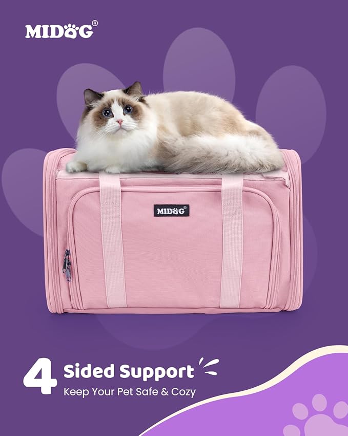 MIDOG Cat Carrier Soft, TSA Approved Airline Travel Carrier for Cats and Small Dogs, Under Seat Pet Bag with Expandable Space & Escape-Proof Zippers (Coral)