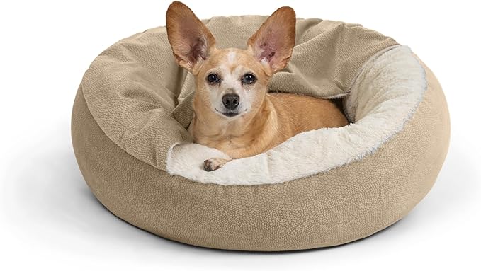 Best Friends by Sheri Cozy Cuddler Ilan Covered Cat and Dog Bed with Attached Blanket, Wheat, 24"x24"