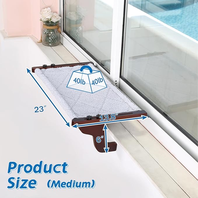 Zakkart 2PC Easy Seat Cat Perch for Window Sill - Hammock Design w/Pine Wood & Robust Metal Frame - Cat Window Seat for Large Cats and Kittens (Dark Stained Wood w/Gray Bed, Medium (23''W x 14''D))