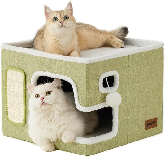 ZOMISIA Cat Beds for Indoor Cats - Large Cat House for Pet with Fluffy Ball Hanging and Scratch Pad, Foldable Cat Hideaway,16.5x16.5x13 inches, Green
