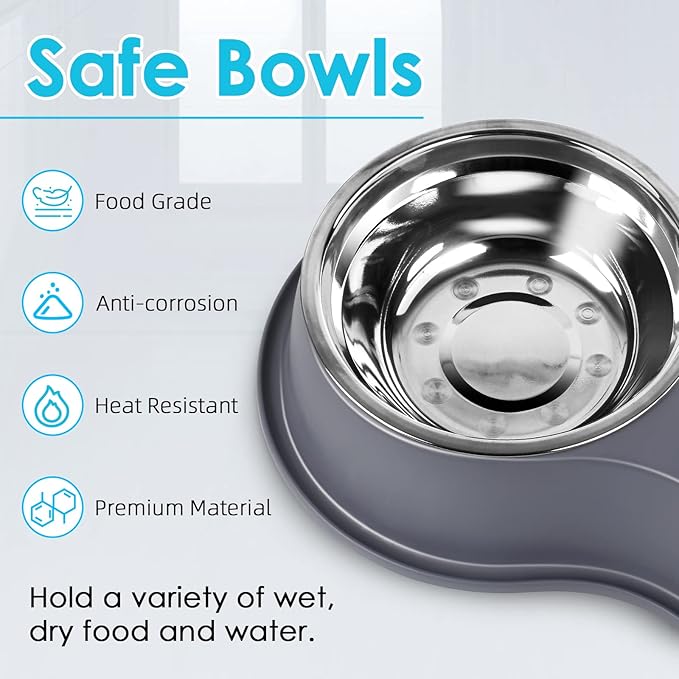 Dog Bowls Large Double Dog Water and Food Bowls Stainless Steel Bowls with Non-Slip Resin Station, Pet Feeder Bowls Food Dish for Small Medium Large Dogs Cats