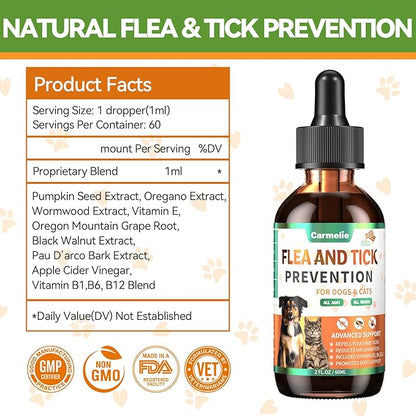 Oral Flea and Tick Support for Dogs and Cats, Natural Dog Flea and Tick Defense, Cat Flea Drops Supplements with Vitamin for Pets - All Breeds and Ages - Bacon