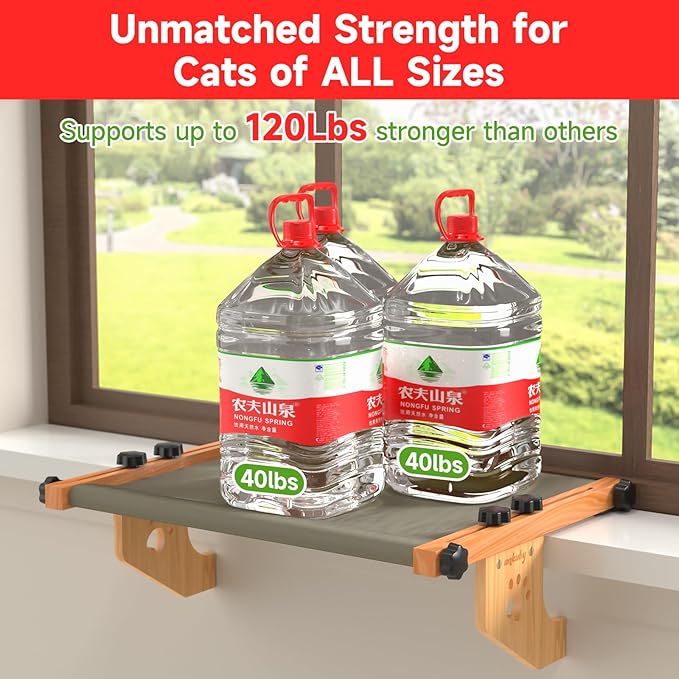 Cat Window Perch Sturdy Hammock Window Seat with Cushion Bed Cover, Wood & Metal Frame for Large Cats, Easy to Adjust Cat Bed for Windowsill, Bedside, Drawer and Cabinet (M)