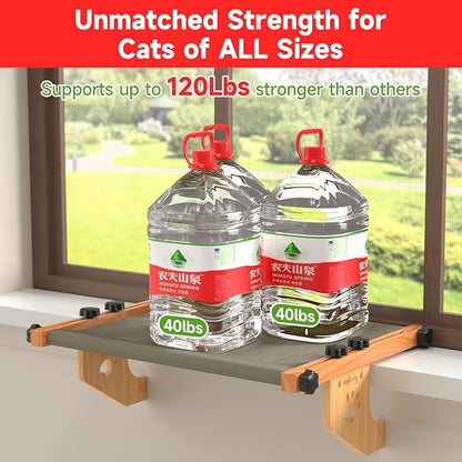 Cat Window Perch Sturdy Hammock Window Seat with Cushion Bed Cover, Wood & Metal Frame for Large Cats, Easy to Adjust Cat Bed for Windowsill, Bedside, Drawer and Cabinet (M)