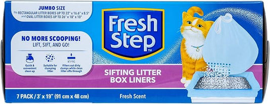 Fresh Step Drawstring Cat Litter Box Liners, Fresh Scent - Kitty Litter Bags for Rectangle or Oval Large Litterboxes, Size Jumbo, 36" x 19" - 7 Count