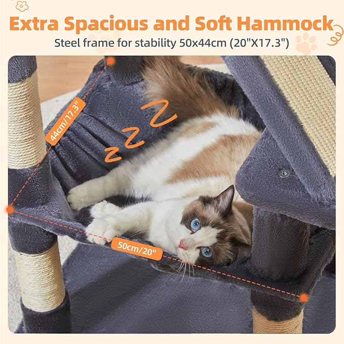 Taoqimiao Cat Tree 57.5-Inch, Cat Tower for Indoor Cats Large Adult, Extra Large Cat Condo, 8 Sisal Scratching Posts, Metal Frame Cozy Hammock, Durable Scratch Board, 2 Top Perches, Smoky Gray MS026G