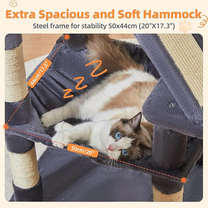 Taoqimiao Cat Tree 57.5-Inch, Cat Tower for Indoor Cats Large Adult, Extra Large Cat Condo, 8 Sisal Scratching Posts, Metal Frame Cozy Hammock, Durable Scratch Board, 2 Top Perches, Smoky Gray MS026G