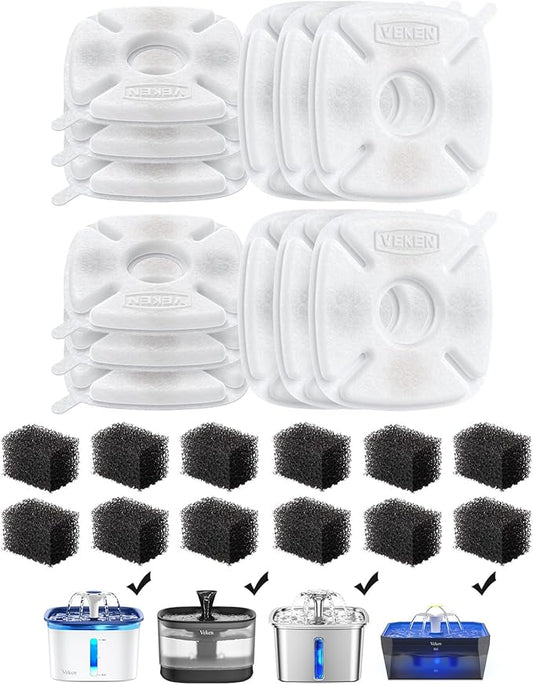 Veken Cat Water Fountain Filter, Classic 12 Pack Replacement Filters & 12 Pack Replacement Pre-Filter Sponges for 50oz, 84oz, 95oz or 108oz Automatic Pet Fountain Dog Water Dispenser