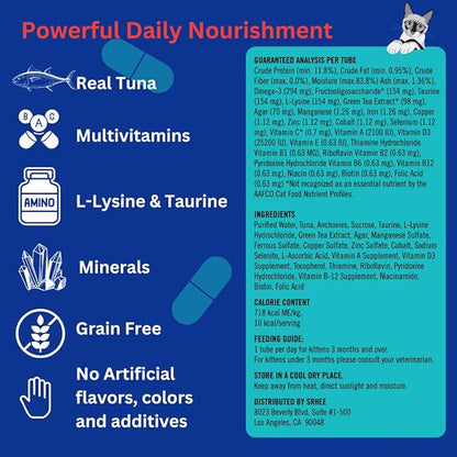 Kitty Up Lickable Cat Treats -Real Tuna Multivitamin Puree with Lysine & Taurine for Indoor Cats | Grain-Free, Squeeze Tube (12 Pack)