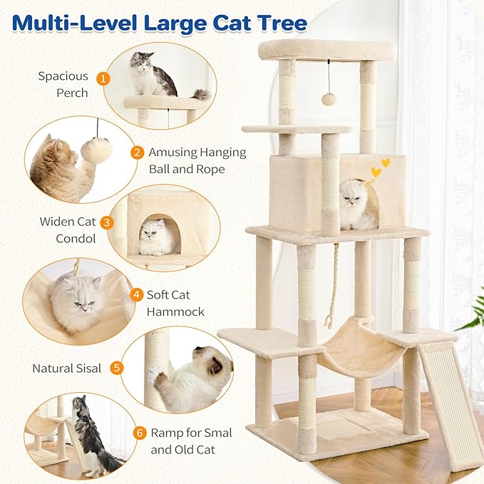 ABCPET Cat Tree Tower 63in Multi-Level Cat Tower for Indoor Cats with Sisal Scratching Posts, Condo, Hammock, Dangling Ball and Extended Platform for Cats to Play, Beige