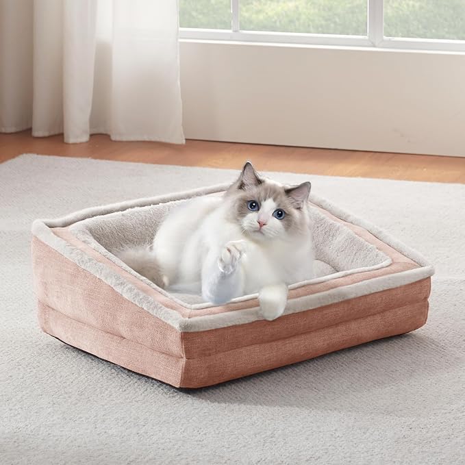 Cat Couch for Pets, Washable Cat Beds for Indoor Cats, Super Soft Plush Supportive Dog Couch Bed for Puppy and Kitten with Anti-Slip Bottom, 24inch, Pink