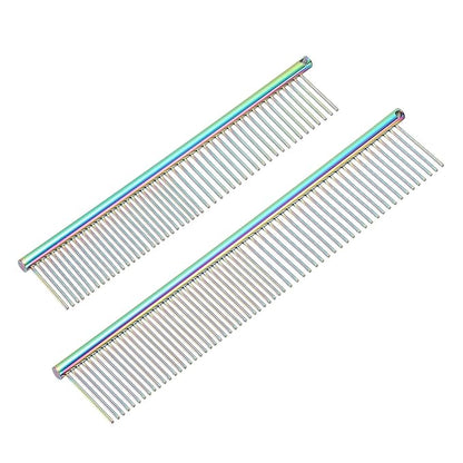 Dog Cat Comb, Pet Combs Stainless Steel Teeth with Rounded Ends for Knot Mat Loose Hair Removal, 6.5/7.5IN (Colorful Plated, 2 Pack), Grooming Tool Intended for Long Curly Hair Pet