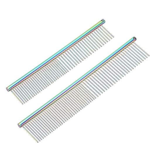 Dog Cat Comb, Pet Combs Stainless Steel Teeth with Rounded Ends for Knot Mat Loose Hair Removal, 6.5/7.5IN (Colorful Plated, 2 Pack), Grooming Tool Intended for Long Curly Hair Pet