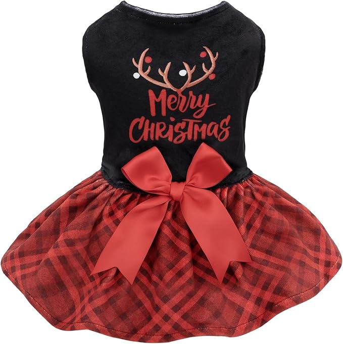 CuteBone Christmas Dog Dresses Velvet Holiday Small Dogs Clothes Onesie Pet Apparel Girl Puppy Skirt with Bow Hair Rope CVA59M-D