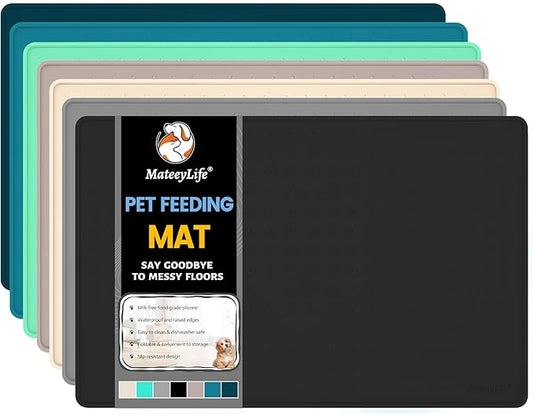 MateeyLife Dog & Cat Food Mat for Floors Waterproof, Nonslip Bowl Mats for Food and Water, Dog Feeding Mats with Raised Edges, Silicone Dog Water Matt Tray for Messy Drinkers, 18"x12", Black