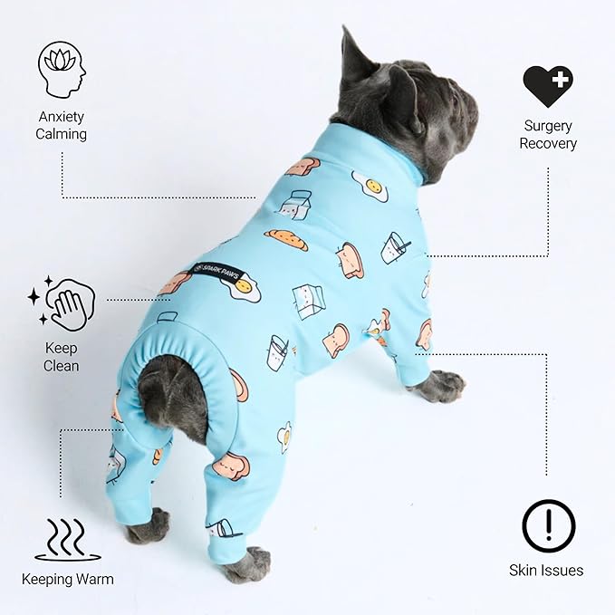 Spark Paws Dog Pajama, Dog Recovery Suit Male, Onesie, Ultra-Soft and 4-Way Stretch, for Small Medium and Large Breeds - Breakfast Blue - 3XL