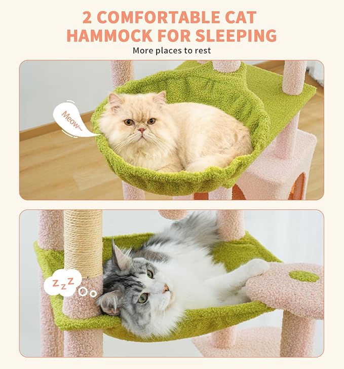 Made4Pets Tall Cat Tree, 71 Inches Cat Tree Tower for Indoor Cats Large Adult, Plush Multi-Level Cat Tower with 5 Scratching Posts, 2 Hammock, Condo and Perch, Big Cat House Indoor, Pink
