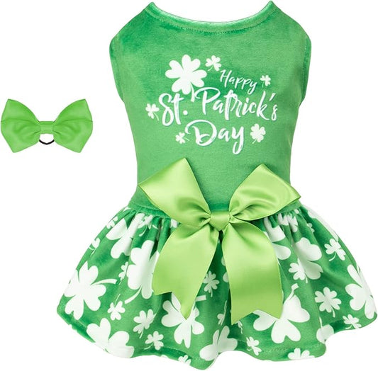 CuteBone St.Patrick's Day Dog Green Dress Velvet for Small Dogs Girl Puppy Dresses Clover Dog Clothes CVA14S-D