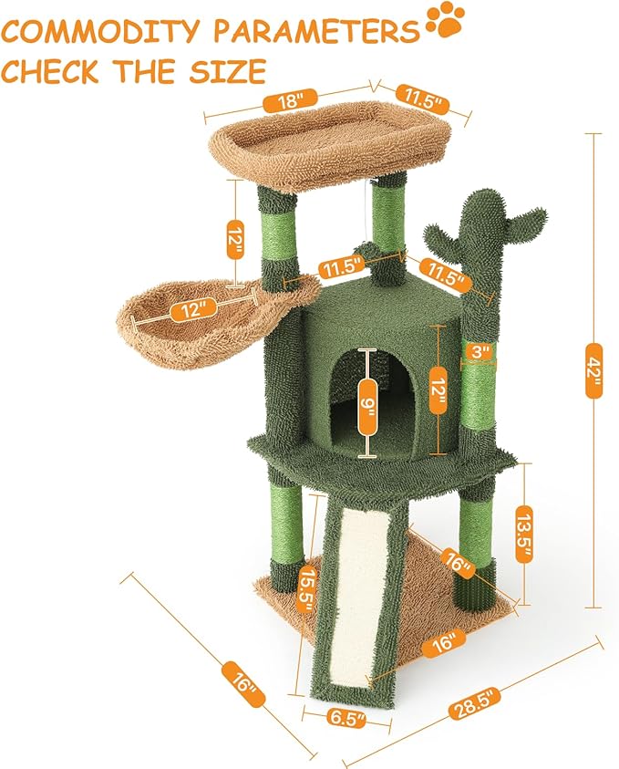 Athena Collection Small Cat Tree Tower with Scratching Post, 42 Inch Modern Cute Cat Tree Condo with Cozy Perch Basket Hanging Ball Climbing Ramp for Kittens Indoor Climbing, Green