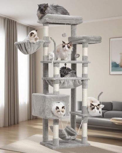 Cat Tree, Cat Tower for Large Cats with 2 Big Platforms, 2 Baskets, condo and Toys, 63" Cat Scratching Posts for Indoor Cats, Light Gray GCT020W