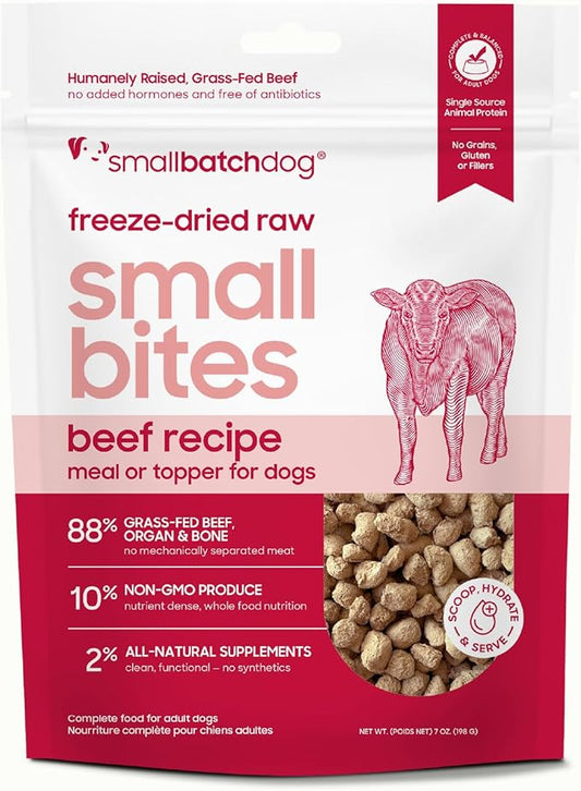smallbatch Freeze-Dried Beef Dog Food – Grain Free, Organic Produce – Raw Dehydrated Beef Small Bites, High Protein Complete Meal or Topper – Humanely Raised, Made in USA, 7oz