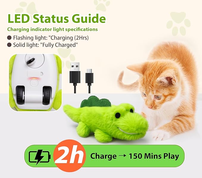 Interactive Cat Toys for Indoor Cats - Self-Charging Croc Chase Toy with 360° Motion, Wagging Tail & Catnip, Automatic Exercise Toy for Bored Kittens/Adults(Set)