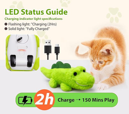 Interactive Cat Toys for Indoor Cats - Self-Charging Croc Chase Toy with 360° Motion, Wagging Tail & Catnip, Automatic Exercise Toy for Bored Kittens/Adults(Set)