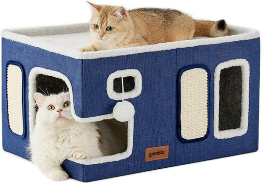 ZOMISIA Extra-Wide Cat House for Indoor Cats - Large Cat House for Pet with Fluffy Ball Hanging and Scratch Pad, Foldable Cat Hideaway for Multi Cats, 23x16.5x13 inches, Navy
