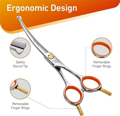 Fenice Peak 5'' Small Curved Scissors Lightweight Dog Cat Grooming Scissors with Safety Round Tip JP440C Stainless Steel Sharp Blades for Body Facial Nose Ear and Paw Hair Easy Use