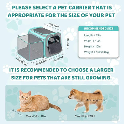 Cat Carrier Fits Small to Medium Pets, Airline Approved Dog Carrier, Outer Collapsible Expandable Soft Sided Pet Carrier for Safety & Convenience, with Comfortable Pads，Waterproof Cat Bag Up to 15lbs